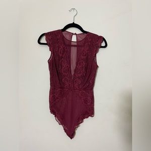 Sheer Burgundy H&M Lacy Floral Lingerie Bodysuit